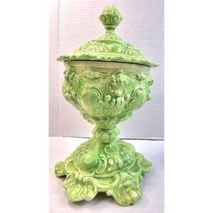 Ornate Vtg Green Ceramic Hand Crafted Pedestal Victorian Candy Jar Farmhouse